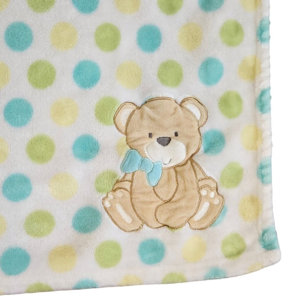 Baby Essentials‎ Blue Green Polka Dot Bear Baby Blanket Soft Plush 29” X 30"